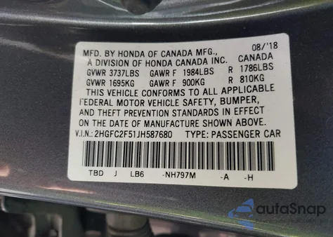 2018 Honda Civic Lx z USA, uszkodzony, nr VIN 2HGFC2F51JH587680
